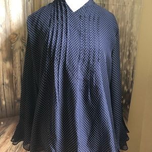 Navy Polka Dot Notch Neck Long Sleeve Top